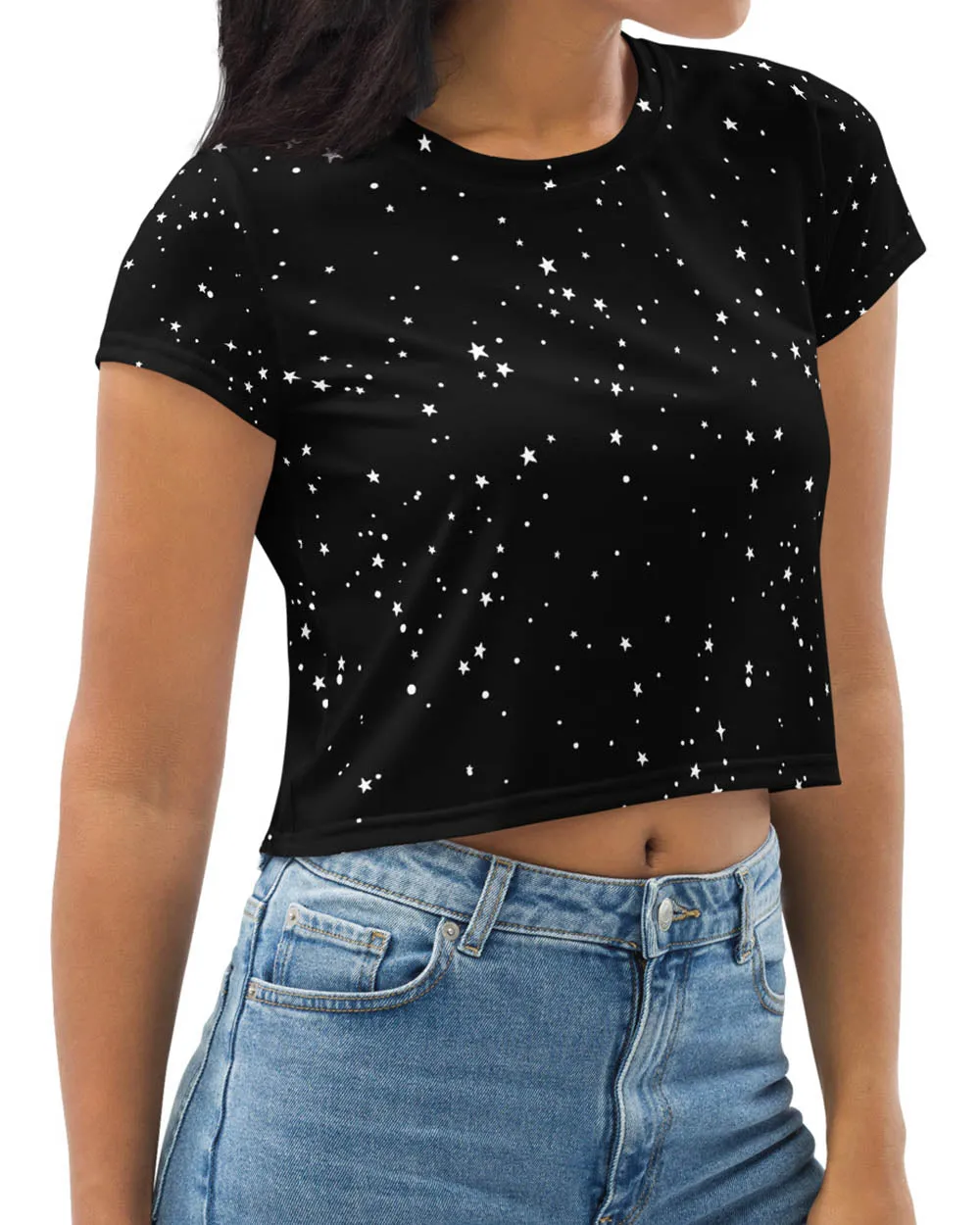 Starry Night Crop Top - Cute Black Witchy Crop Tee Alt Style Gothic Grunge Aesthetic Dark Academia Goth Fashion