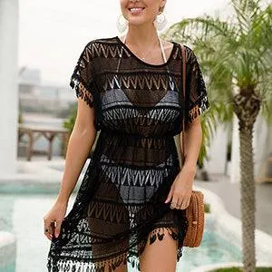 Stay in Style at the Beach in Fashion with our Black Bikini Cover Up and Fringe Trim  FREE SHIPPING