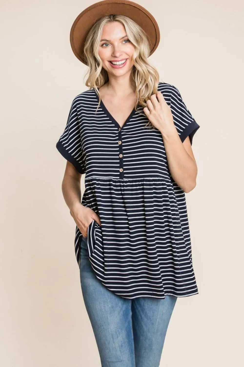 Striped Button Front Baby Doll Top (Online Exclusive)