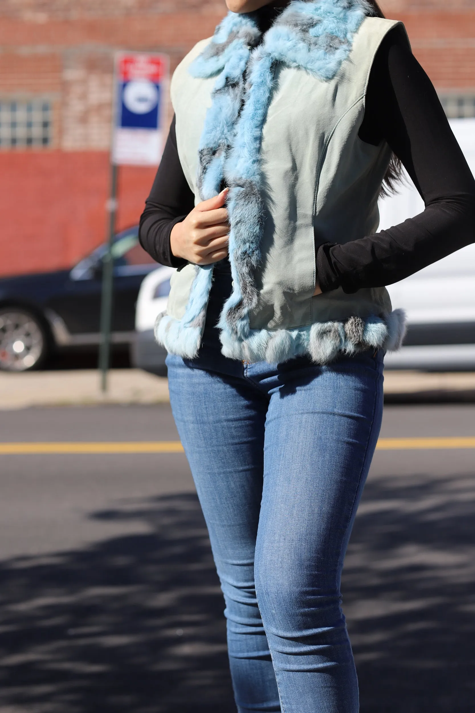 Suede Leather Vest w/ Fur Trim - Blue