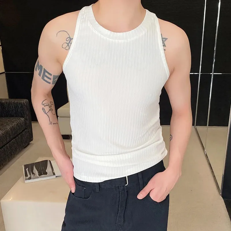 Summer Elastic Knitted Vest Trendy Round Neck Handsome Slim Fit Ribbed Sleeveless Top Fashion Menwear Sexy 9C5465