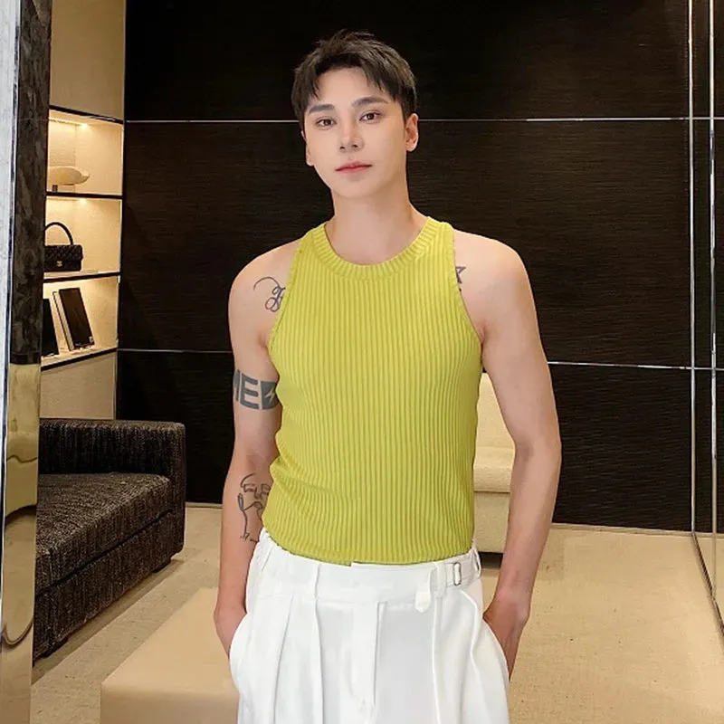 Summer Elastic Knitted Vest Trendy Round Neck Handsome Slim Fit Ribbed Sleeveless Top Fashion Menwear Sexy 9C5465