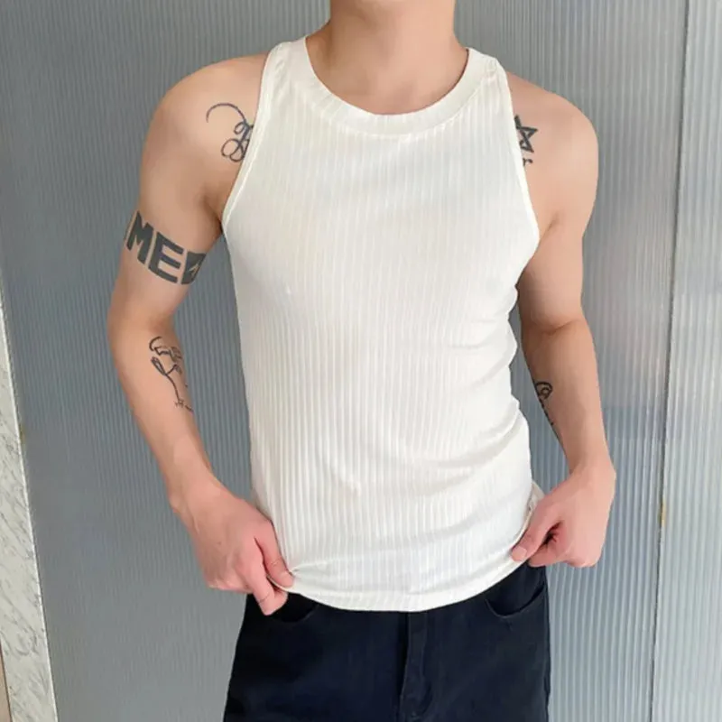 Summer Elastic Knitted Vest Trendy Round Neck Handsome Slim Fit Ribbed Sleeveless Top Fashion Menwear Sexy 9C5465