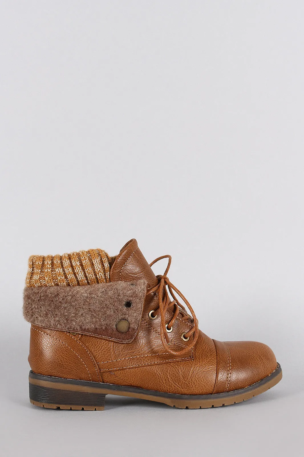 Sweater Fold Over Cuff Round Toe Lace Up Combat Booties