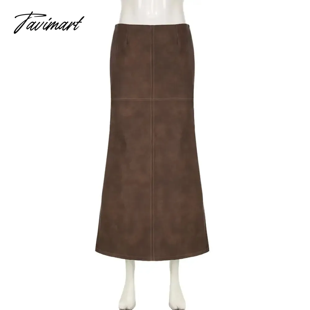 TAVIMART -  Brown PU Leather Maxi Skirt Fall Winter Sexy Back Split Long Skirt Low Waist Vintage Y2k Clothes Women Falda