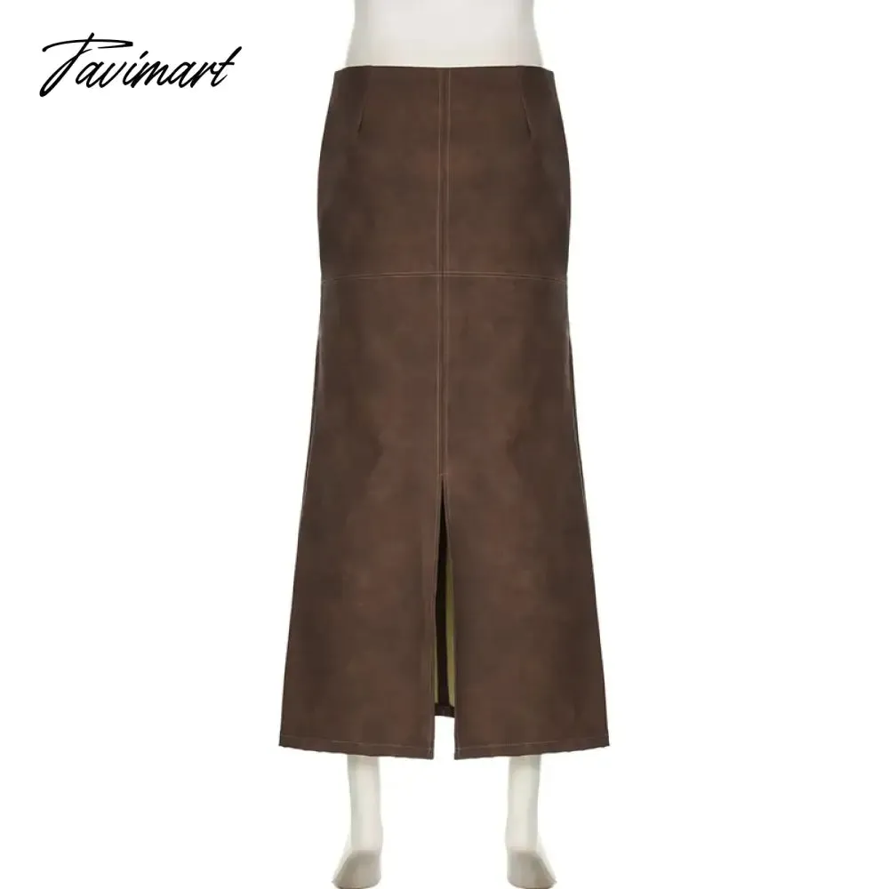 TAVIMART -  Brown PU Leather Maxi Skirt Fall Winter Sexy Back Split Long Skirt Low Waist Vintage Y2k Clothes Women Falda