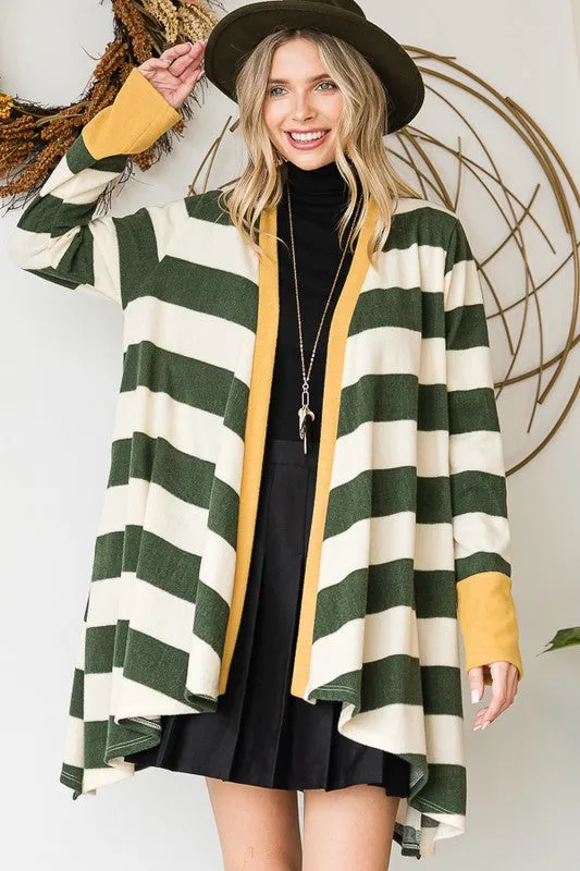 TEEK - Open Front Striped Draped Cardigan