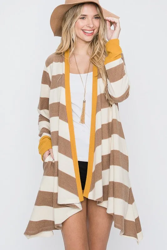 TEEK - Open Front Striped Draped Cardigan