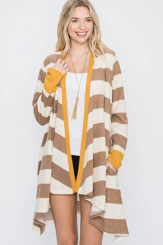 TEEK - Open Front Striped Draped Cardigan