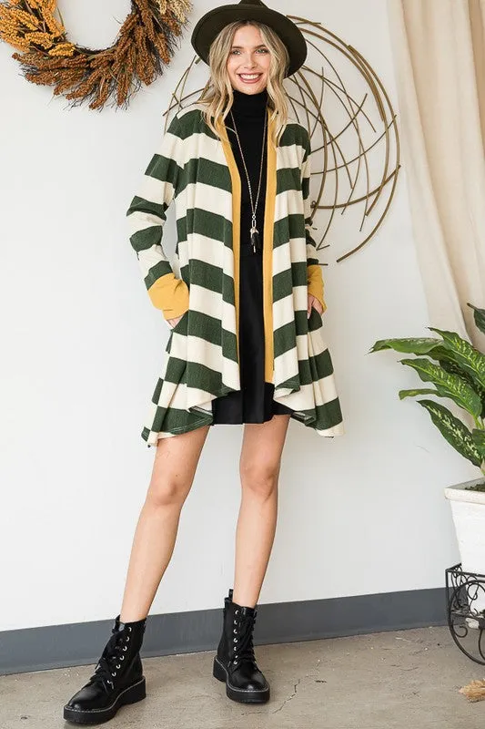 TEEK - Open Front Striped Draped Cardigan