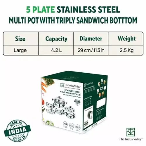 The Indus Valley Stainless Steel Idli/Dhokla/Momo Maker/Multi Pot/Steaming Set | Large, 5 Plates, 29cm/11.3 inch, 4.2Ltr, 1.5kg | Nonstick 3-Layer Bottom | Induction friendly, 100% Pure & Toxin-free