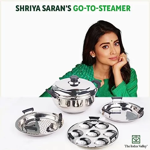 The Indus Valley Stainless Steel Idli/Dhokla/Momo Maker/Multi Pot/Steaming Set | Large, 5 Plates, 29cm/11.3 inch, 4.2Ltr, 1.5kg | Nonstick 3-Layer Bottom | Induction friendly, 100% Pure & Toxin-free