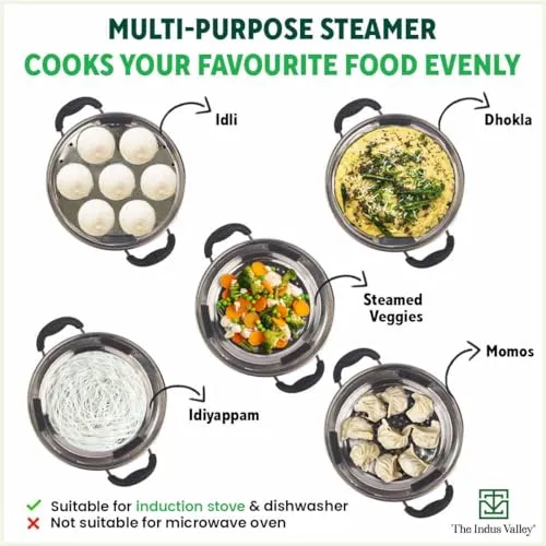 The Indus Valley Stainless Steel Idli/Dhokla/Momo Maker/Multi Pot/Steaming Set | Large, 5 Plates, 29cm/11.3 inch, 4.2Ltr, 1.5kg | Nonstick 3-Layer Bottom | Induction friendly, 100% Pure & Toxin-free