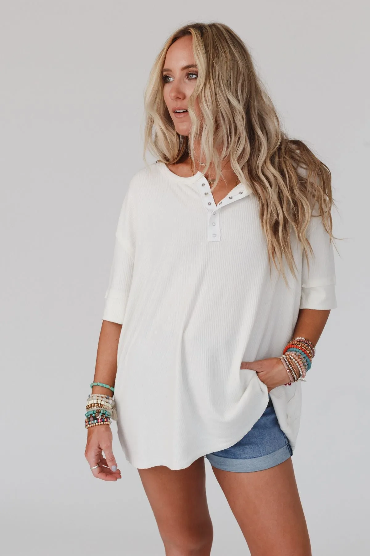 The Nest Leila Ribbed Henley Top - Ivory