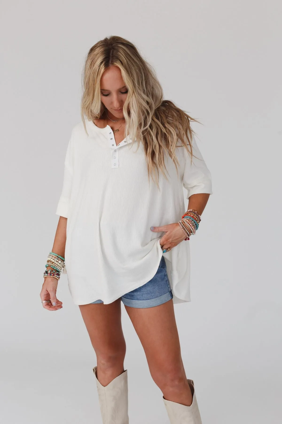 The Nest Leila Ribbed Henley Top - Ivory