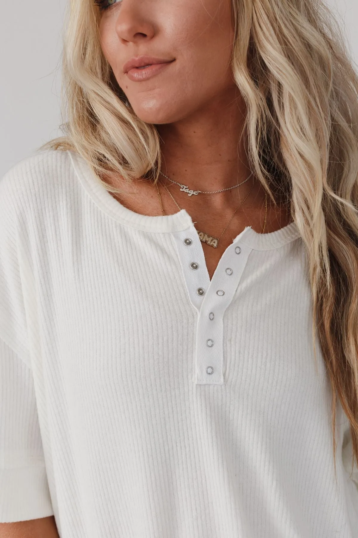 The Nest Leila Ribbed Henley Top - Ivory