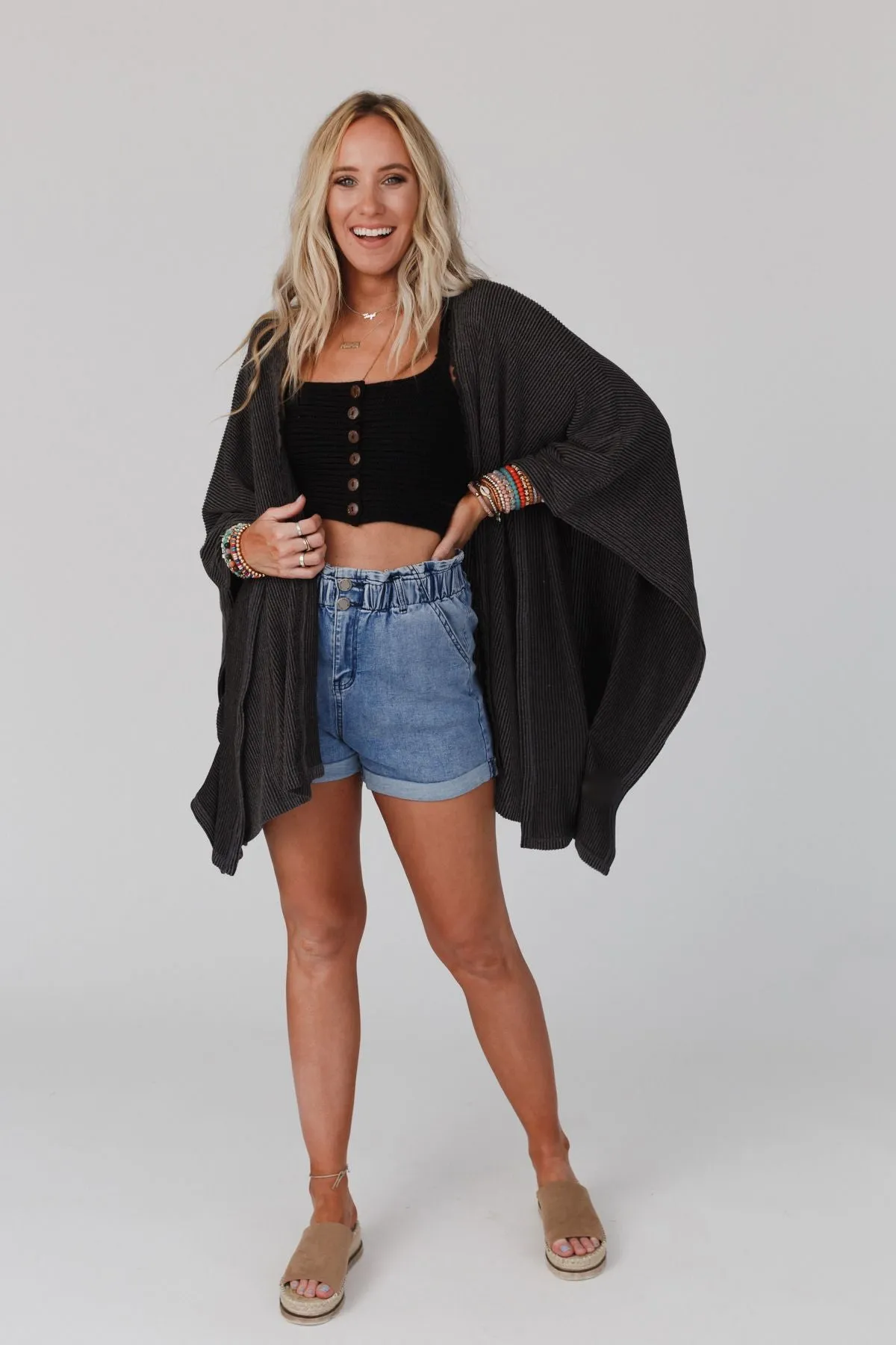 The Nest Lotus Lace Trim Ribbed Knit Kimono - Charcoal