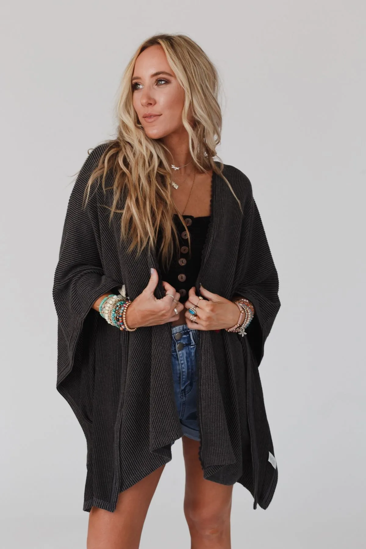 The Nest Lotus Lace Trim Ribbed Knit Kimono - Charcoal