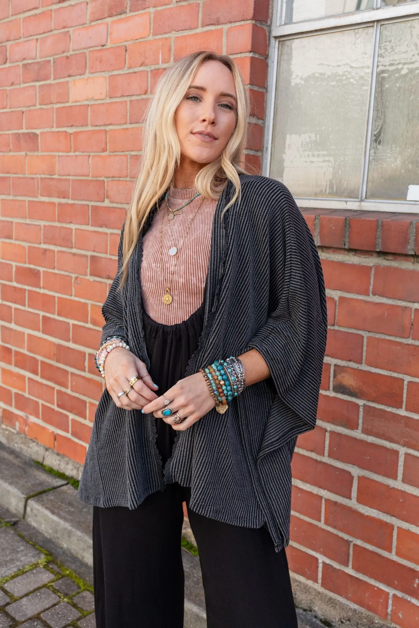 The Nest Lotus Lace Trim Ribbed Knit Kimono - Charcoal