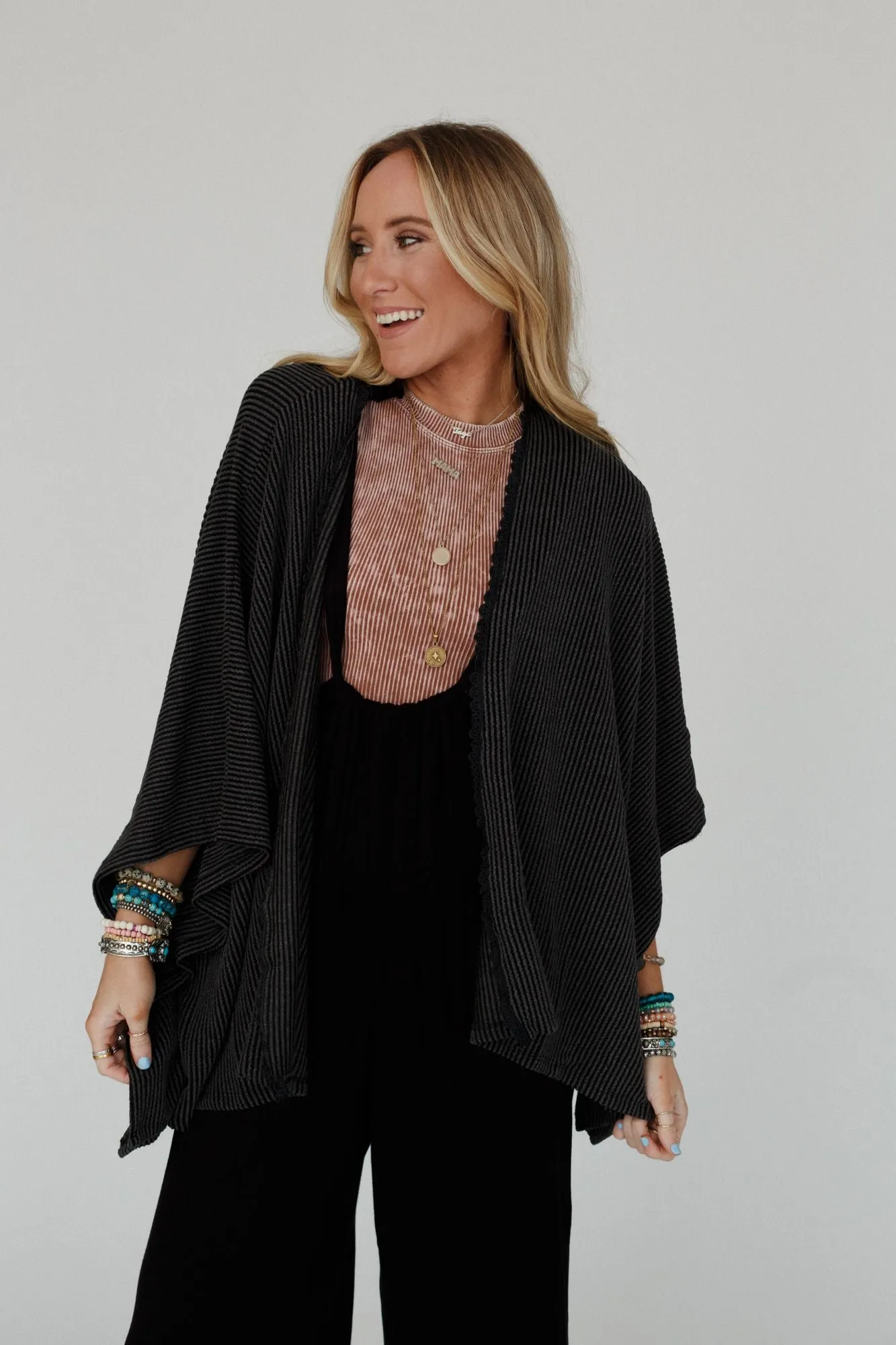 The Nest Lotus Lace Trim Ribbed Knit Kimono - Charcoal