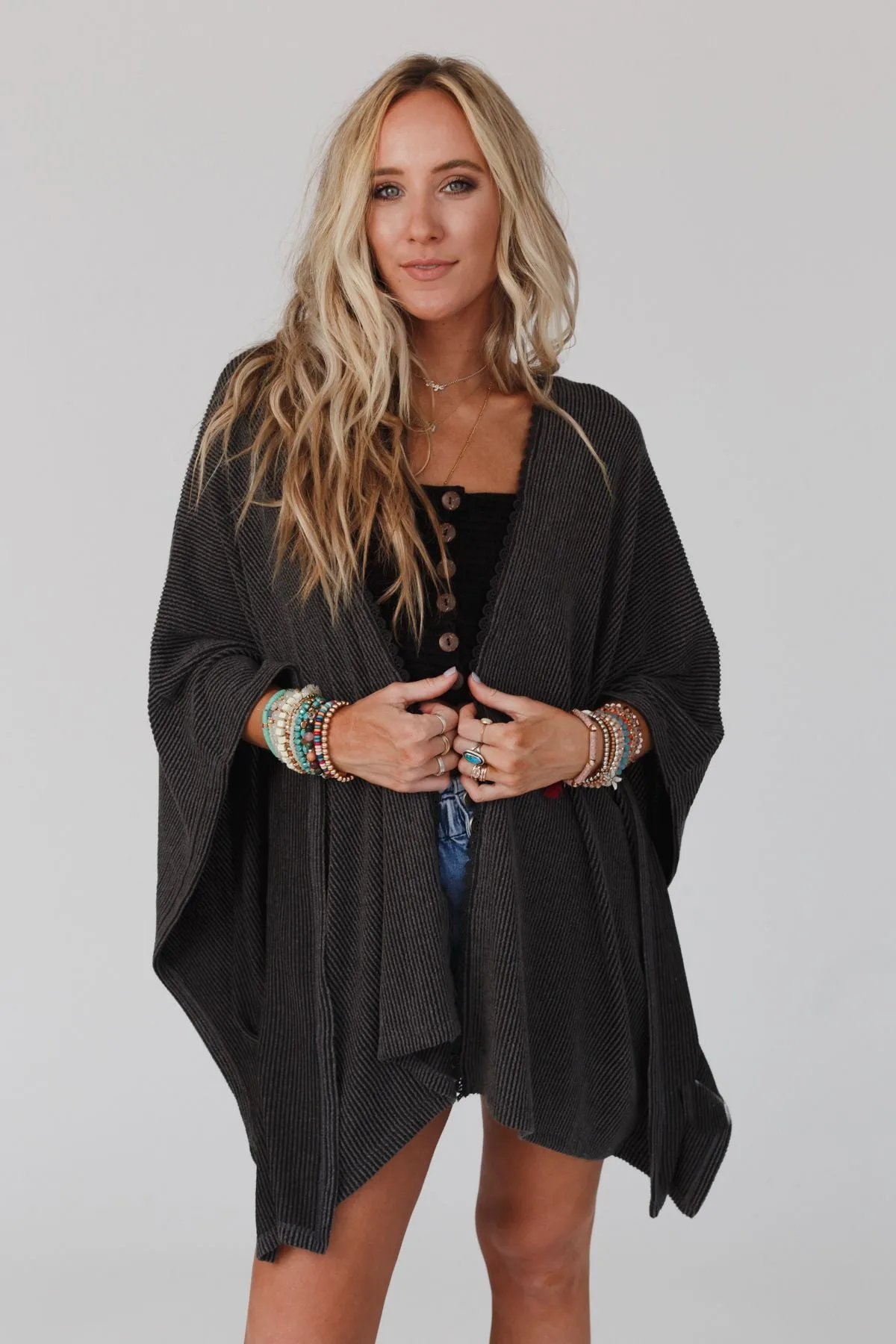 The Nest Lotus Lace Trim Ribbed Knit Kimono - Charcoal