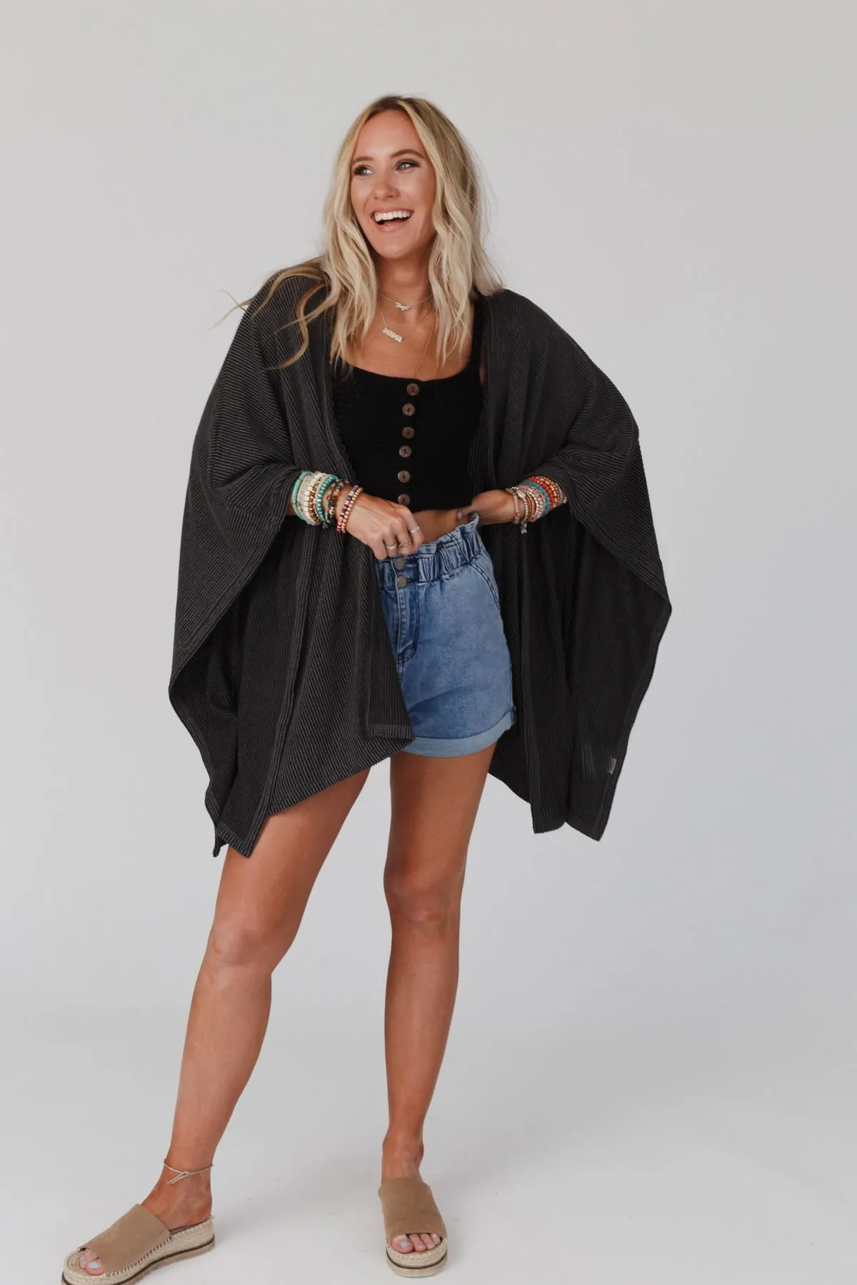 The Nest Lotus Lace Trim Ribbed Knit Kimono - Charcoal