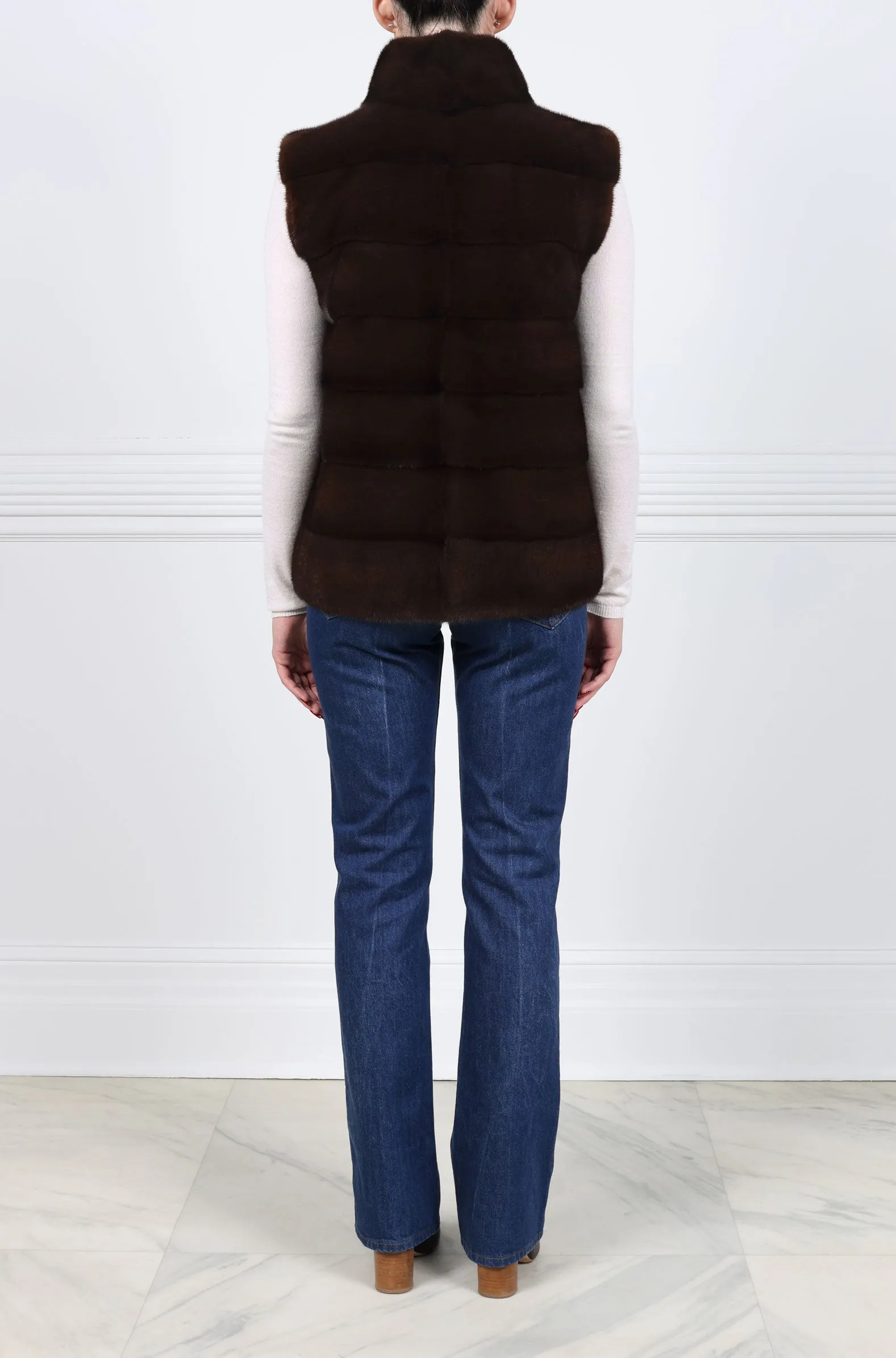 The Nina Zip Front Mink Vest in Mahogany