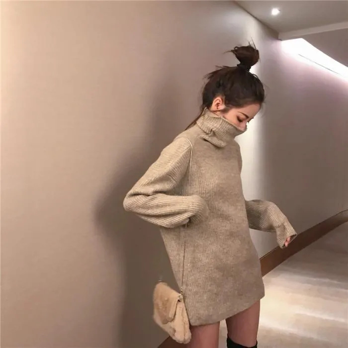 Thin Turtle Neck Knit Ribbed Long Sweater