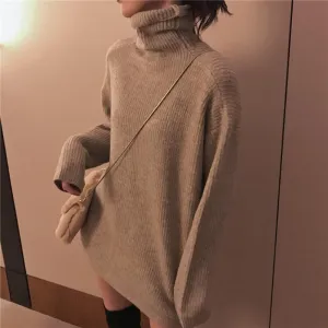 Thin Turtle Neck Knit Ribbed Long Sweater