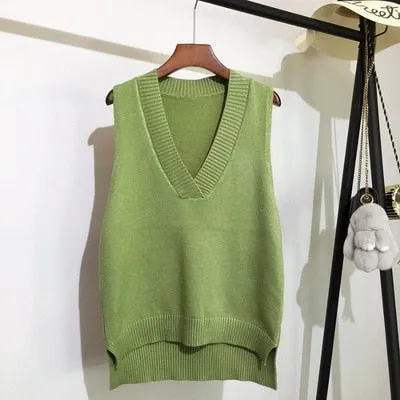 Toleet Autumn Women's Sweater Vest V-Neck Sleeveless Irregular Casual Loose Knitted Pullover Tops Female Outerwear