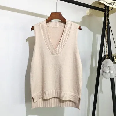 Toleet Autumn Women's Sweater Vest V-Neck Sleeveless Irregular Casual Loose Knitted Pullover Tops Female Outerwear