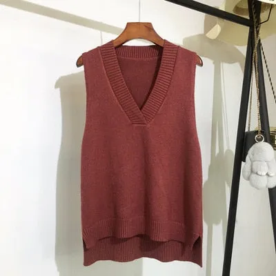 Toleet Autumn Women's Sweater Vest V-Neck Sleeveless Irregular Casual Loose Knitted Pullover Tops Female Outerwear