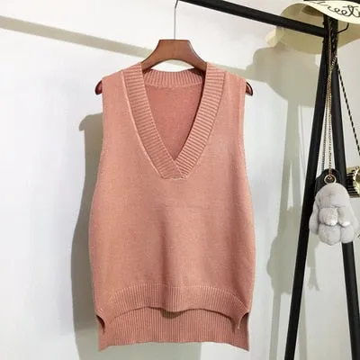 Toleet Autumn Women's Sweater Vest V-Neck Sleeveless Irregular Casual Loose Knitted Pullover Tops Female Outerwear