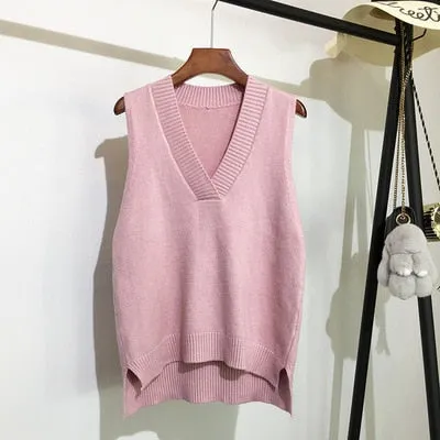 Toleet Autumn Women's Sweater Vest V-Neck Sleeveless Irregular Casual Loose Knitted Pullover Tops Female Outerwear