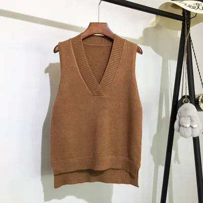 Toleet Autumn Women's Sweater Vest V-Neck Sleeveless Irregular Casual Loose Knitted Pullover Tops Female Outerwear