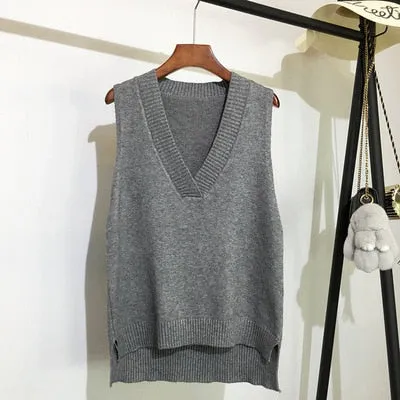 Toleet Autumn Women's Sweater Vest V-Neck Sleeveless Irregular Casual Loose Knitted Pullover Tops Female Outerwear