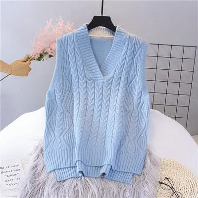 Toleet Autumn Women's Sweater Vest V-Neck Sleeveless Irregular Casual Loose Knitted Pullover Tops Female Outerwear