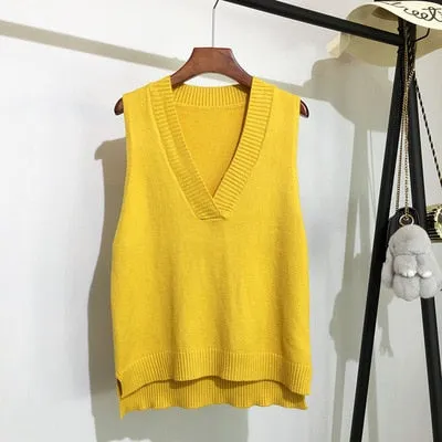 Toleet Autumn Women's Sweater Vest V-Neck Sleeveless Irregular Casual Loose Knitted Pullover Tops Female Outerwear