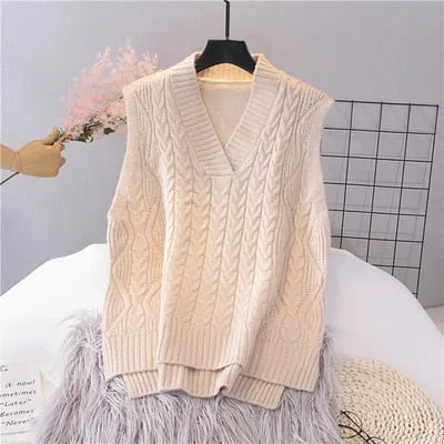 Toleet Autumn Women's Sweater Vest V-Neck Sleeveless Irregular Casual Loose Knitted Pullover Tops Female Outerwear