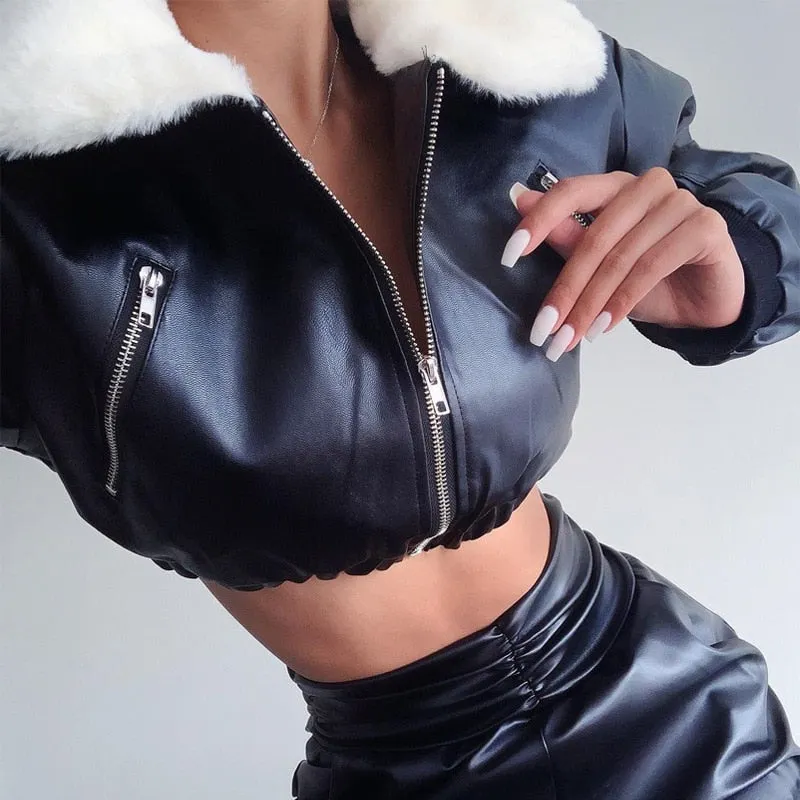 Trendy Long Sleeve Zip Up Solid Faux Fur Cropped Coat