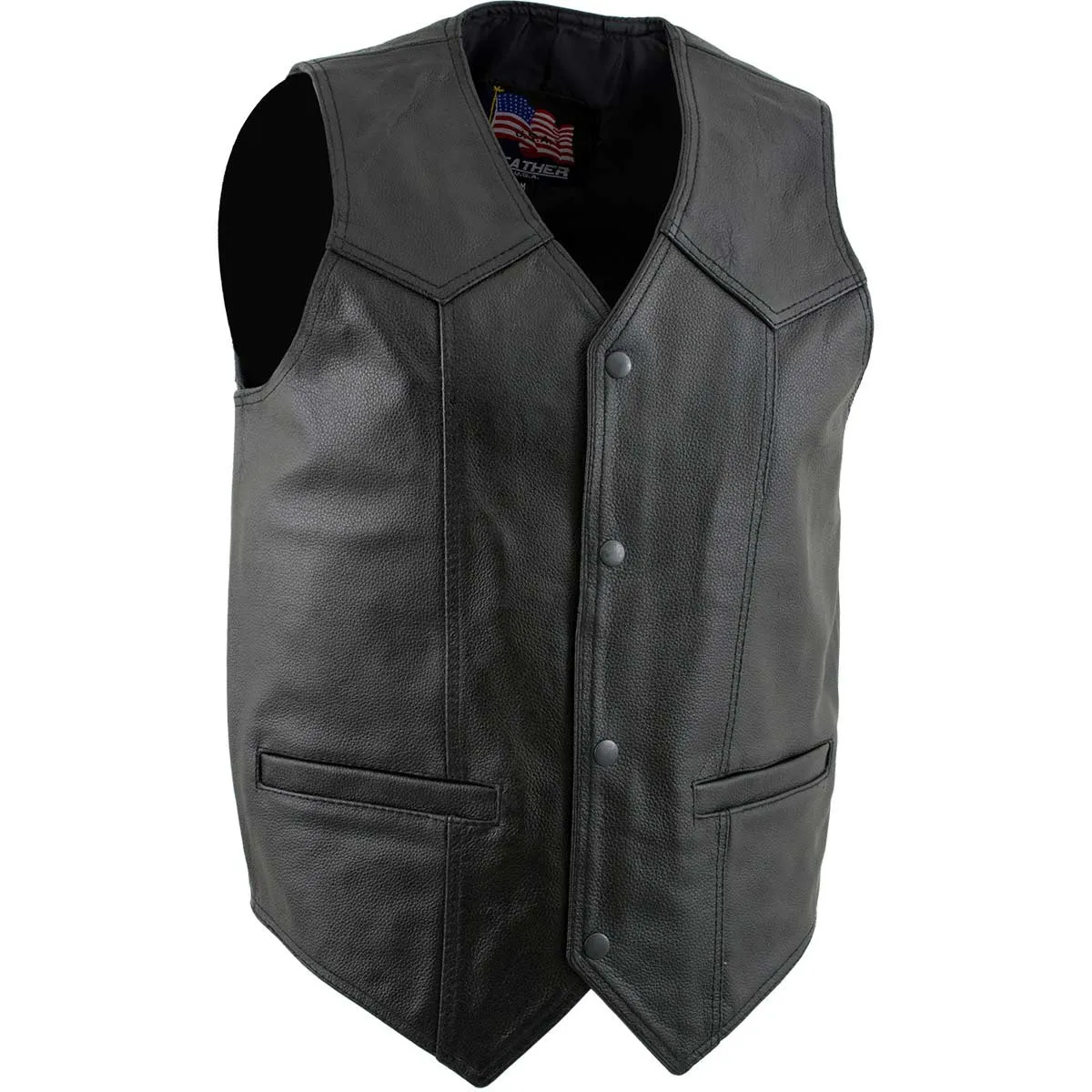 USA Leather 201 Men's Black 'Classy' Leather Motorcycle Rider Vest with Snap Button Closure