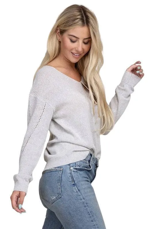 V-neck pointelle knit top