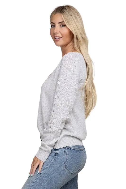 V-neck pointelle knit top