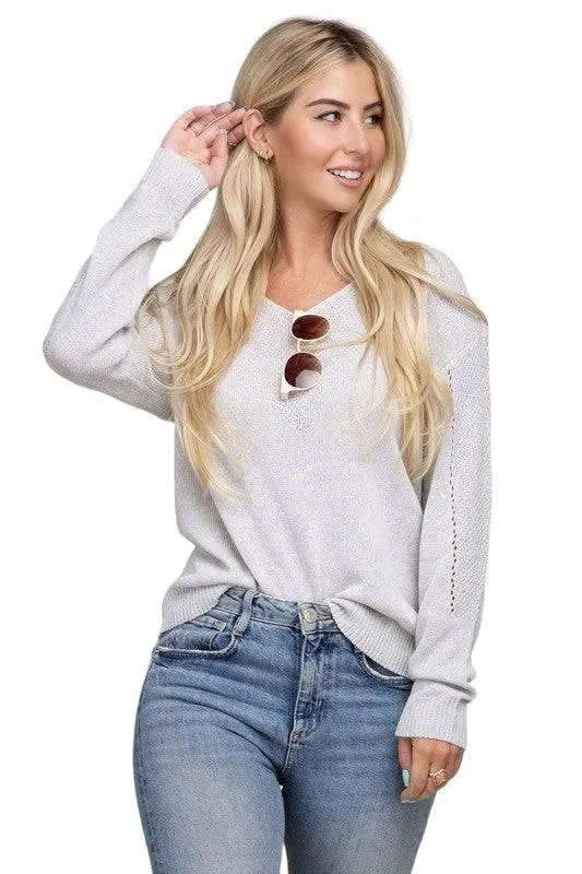 V-neck pointelle knit top