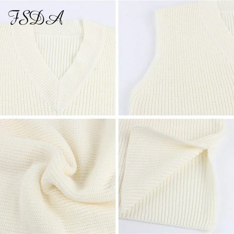 V Neck Sleeveless Sweater Vest Knitted Jumper Autumn Winter Split White Preppy Pullover Loose Top