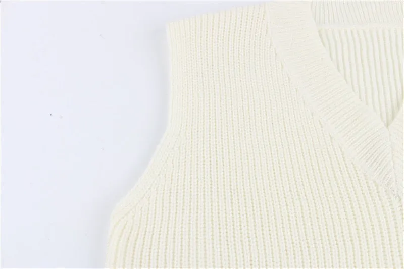 V Neck Sleeveless Sweater Vest Knitted Jumper Autumn Winter Split White Preppy Pullover Loose Top