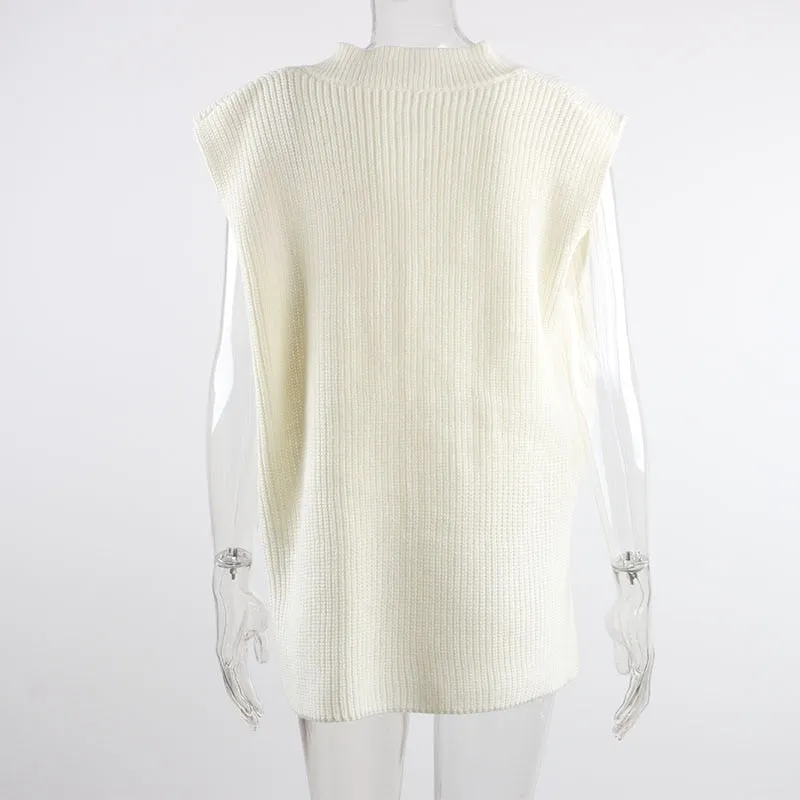 V Neck Sleeveless Sweater Vest Knitted Jumper Autumn Winter Split White Preppy Pullover Loose Top