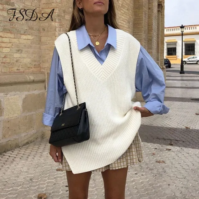 V Neck Sleeveless Sweater Vest Knitted Jumper Autumn Winter Split White Preppy Pullover Loose Top