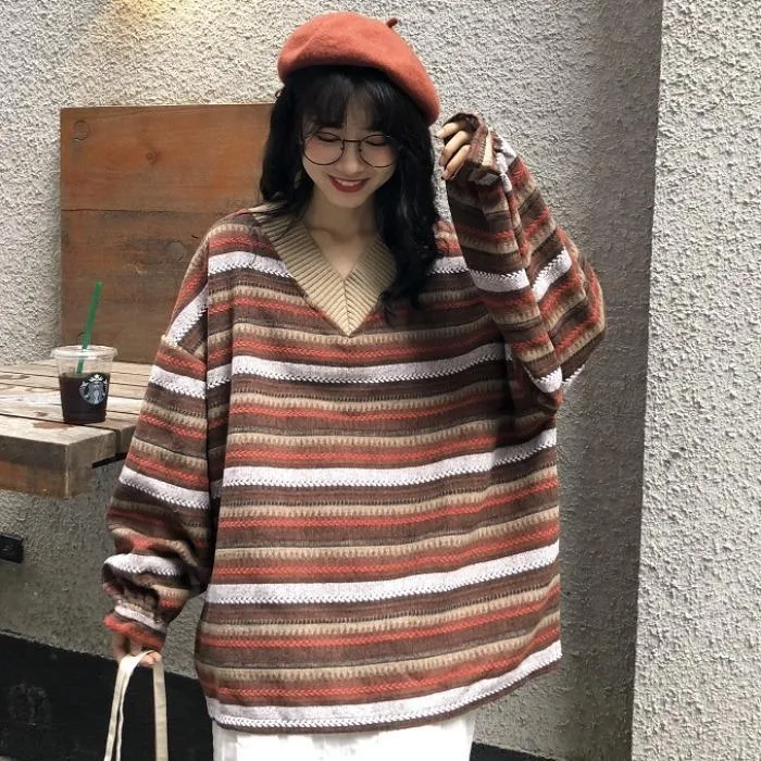 V-Neck Striped Korean Aesthetic Knitted Sweater