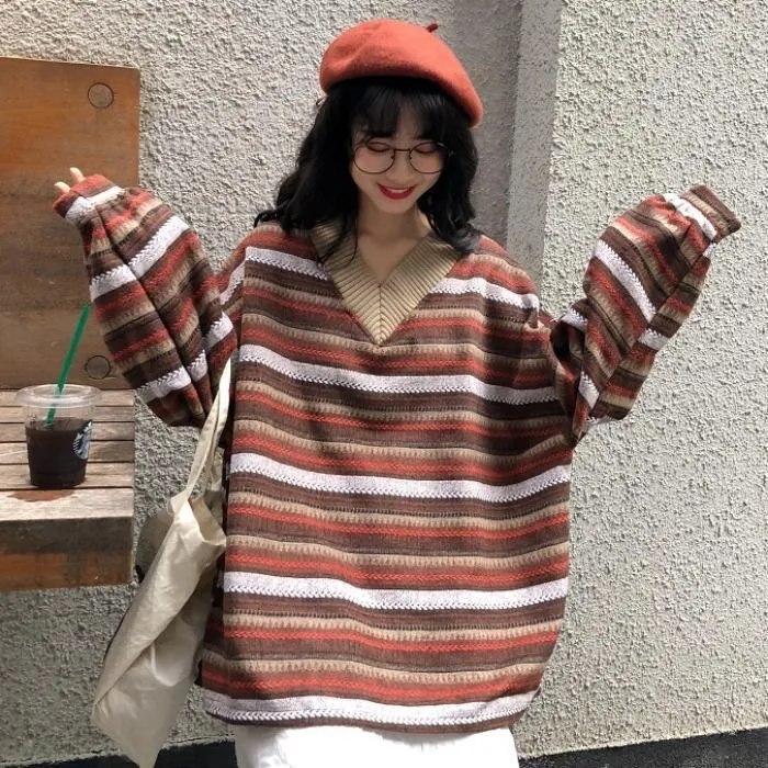 V-Neck Striped Korean Aesthetic Knitted Sweater